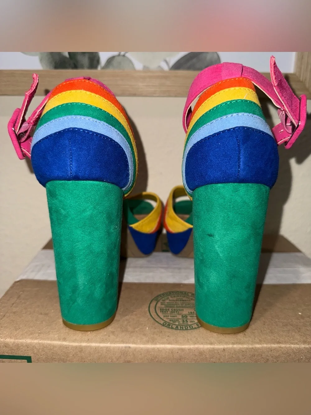 Bamboo Rainbow Platform Heels Size 6.5 Multicolor Ankle Strap Block Heel